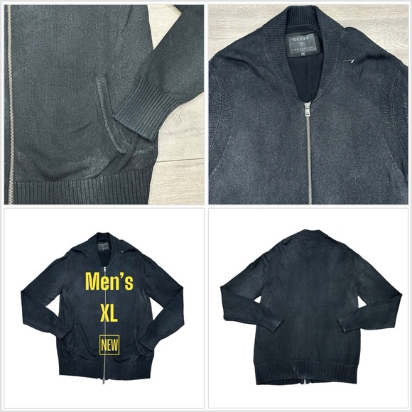 Men’s Guess XL Cozy Knit Sweater Full Zip Jacket Long Sleeve Black Pockets NWOT - Picture 1 of 8